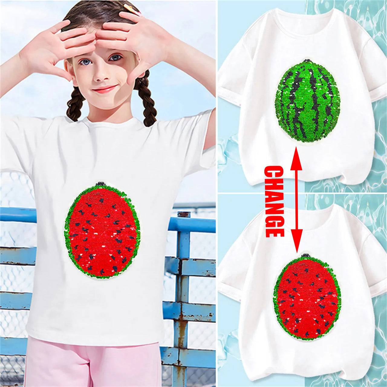 Mini Fashion - Flott tosidig paljettmotiv - T-skjorte med vannmelon