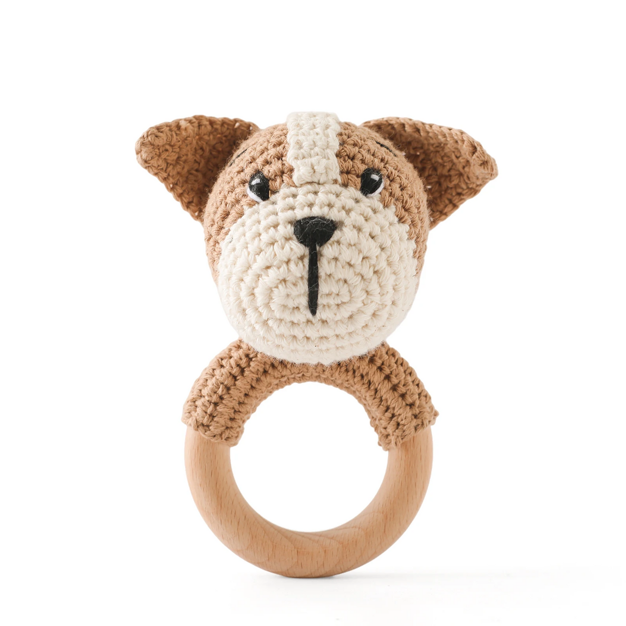 CuddleRattle – Myk og leken – Heklet babyrangle med trering