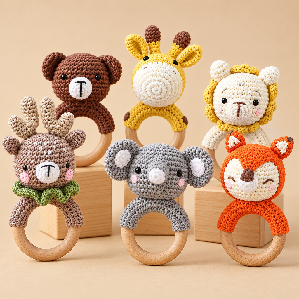CuddleRattle – Myk og leken – Heklet babyrangle med trering