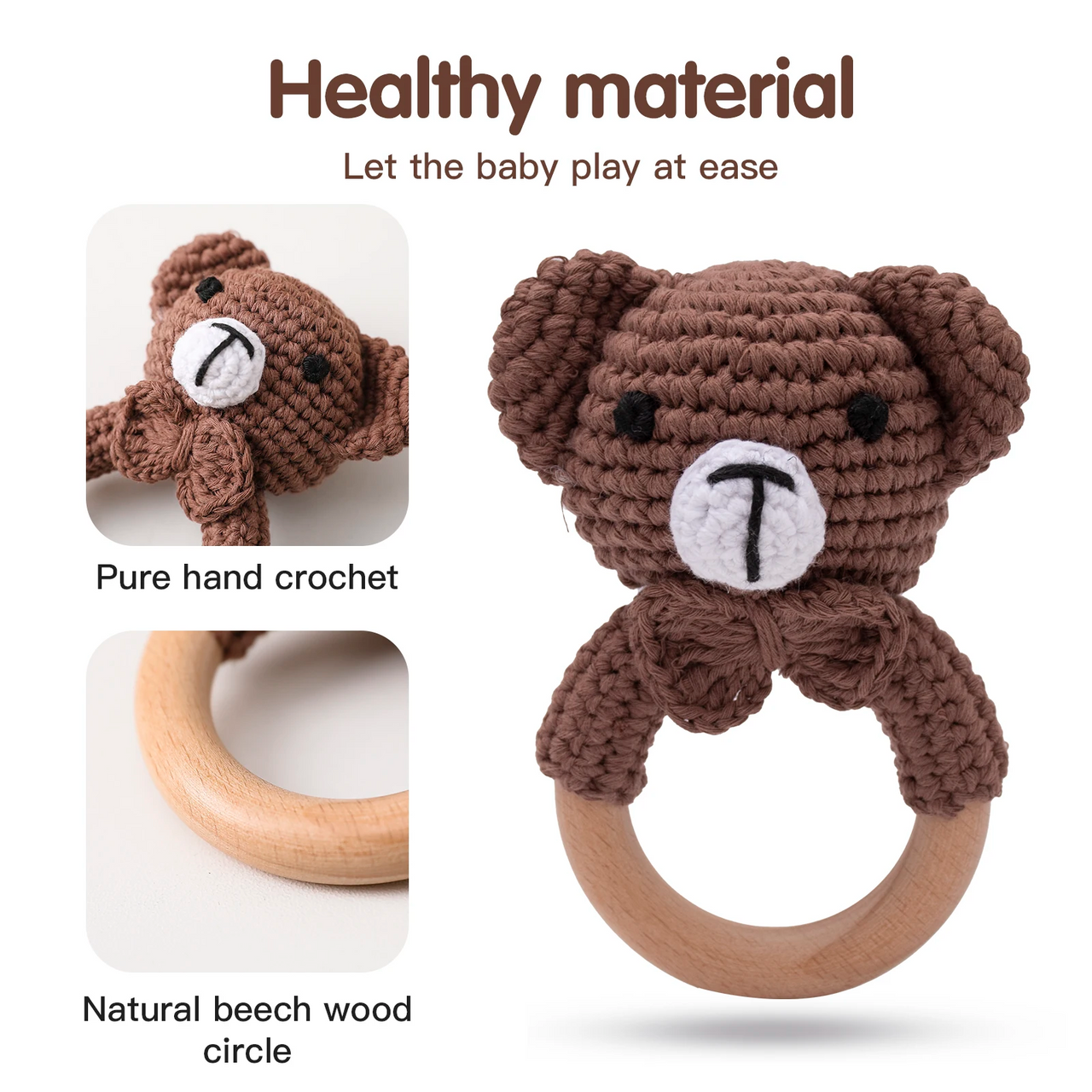 CuddleRattle – Myk og leken – Heklet babyrangle med trering