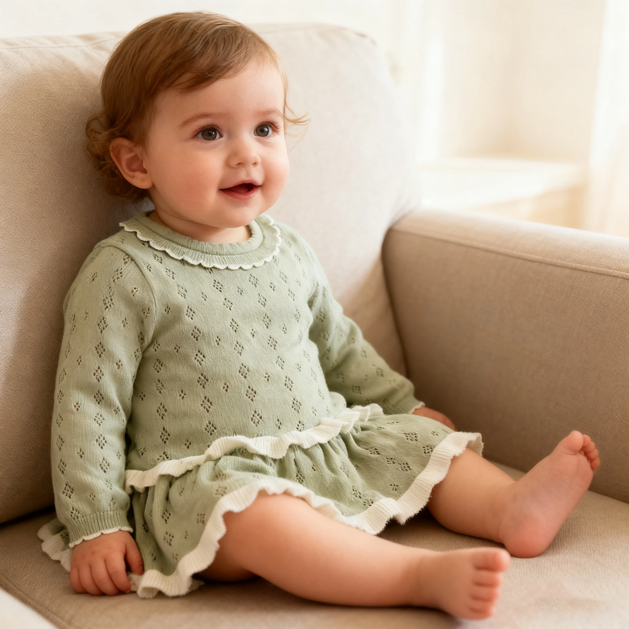 MiniBelle – Elegant og myk – Strikket babykjole med volangdetaljer