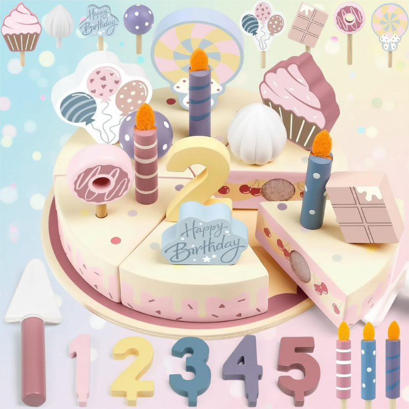 Wooden Cake Cutting Toy – Kreativitet og rollespill – Bursdagskake i tre