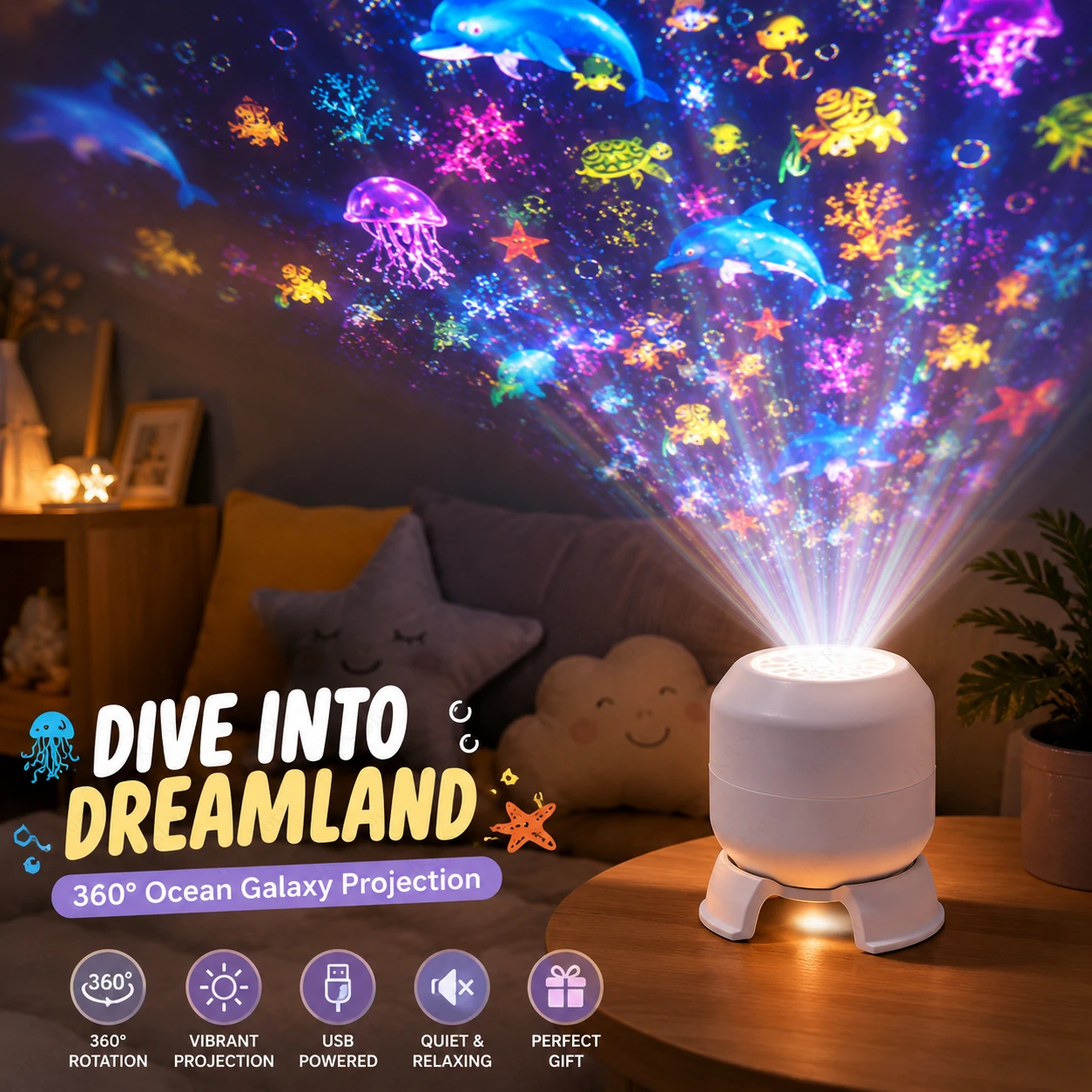 SeaDream – Lek og læring – 360° roterende LED-nattlampe