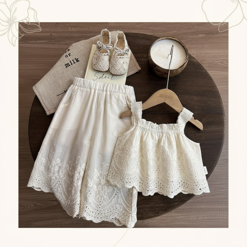 TinyLuxe – Sommersett med bluse i blonder og bukser med vide ben