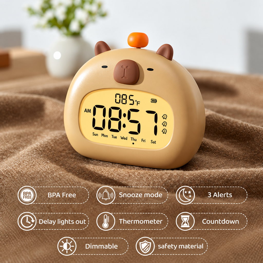 CappyClock – Søt og multifunksjonell – digital vekkerklokke for barn med nattlampe