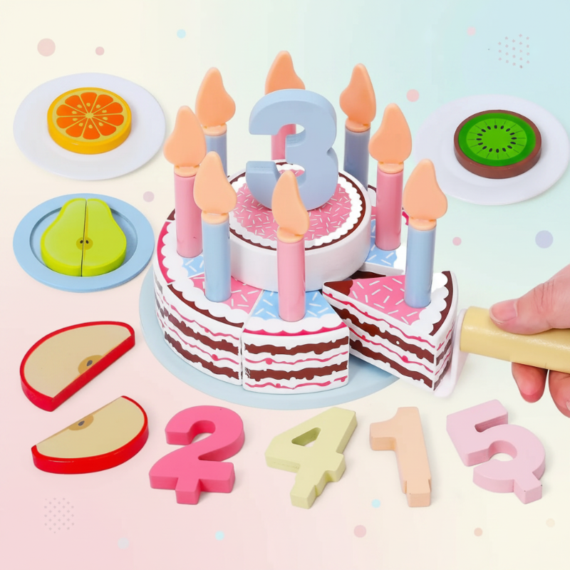 Wooden Cake Cutting Toy – Kreativitet og rollespill – Bursdagskake i tre