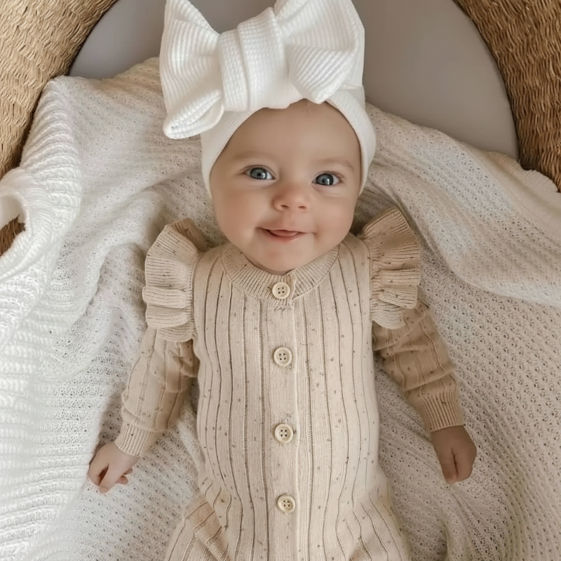 MiniAurora – Mykt og elegant – Strikket babydrakt med englevinger og pannebånd