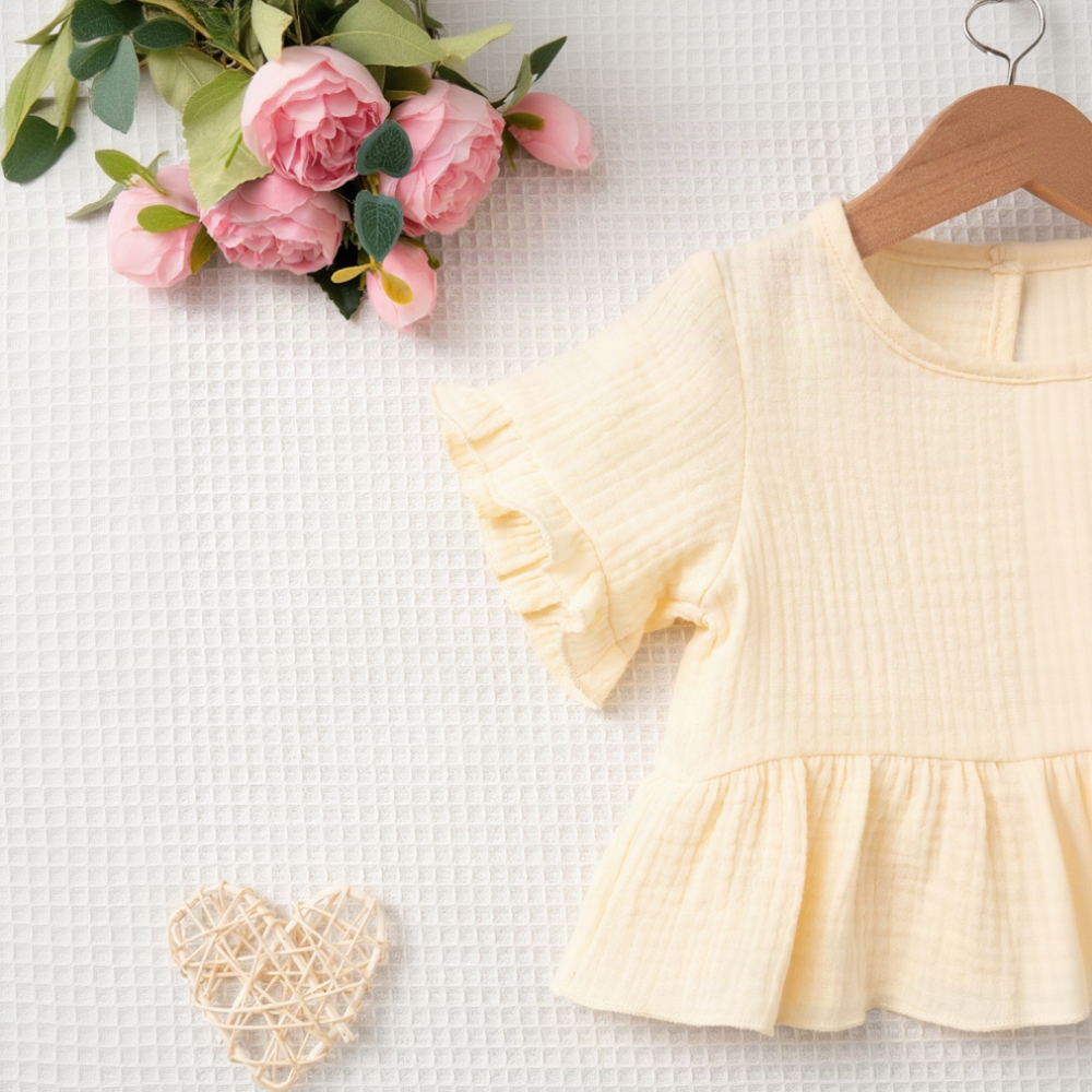 SoftCharm – Elegant og komfortabelt – Jentesett med topp med volanger og lange bukser