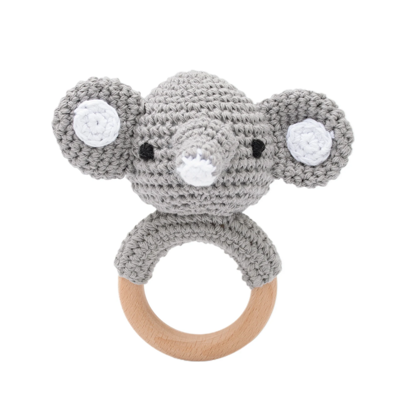 CuddleRattle – Myk og leken – Heklet babyrangle med trering