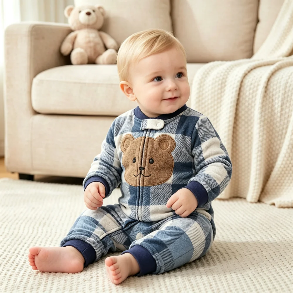 WarmBuddy – Søt og myk – babyjumpsuit i fleece med tegneserieprint