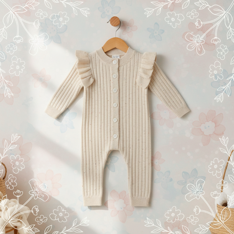 MiniAurora – Mykt og elegant – Strikket babydrakt med englevinger og pannebånd