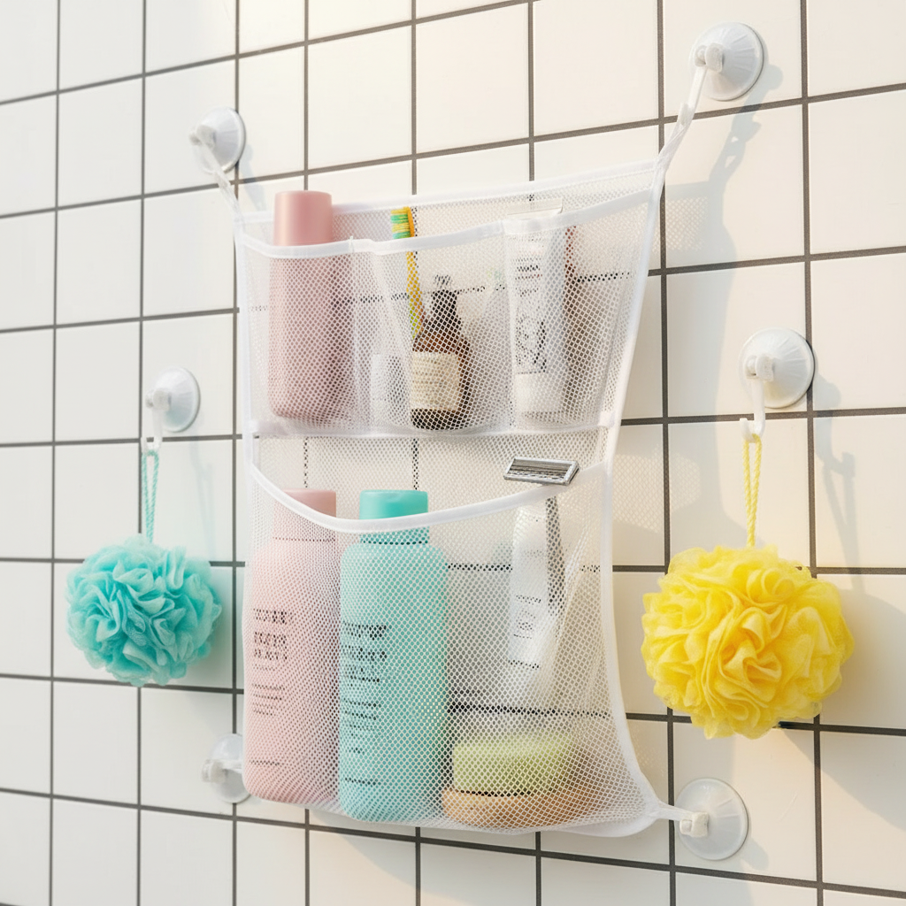 TubyTidy – Muggfri og romslig – Oppbevaringsnett til badet for badesaker