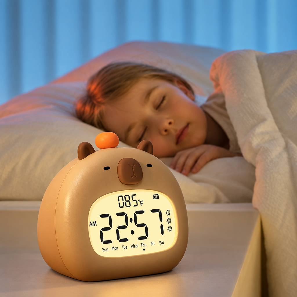 CappyClock – Søt og multifunksjonell – digital vekkerklokke for barn med nattlampe