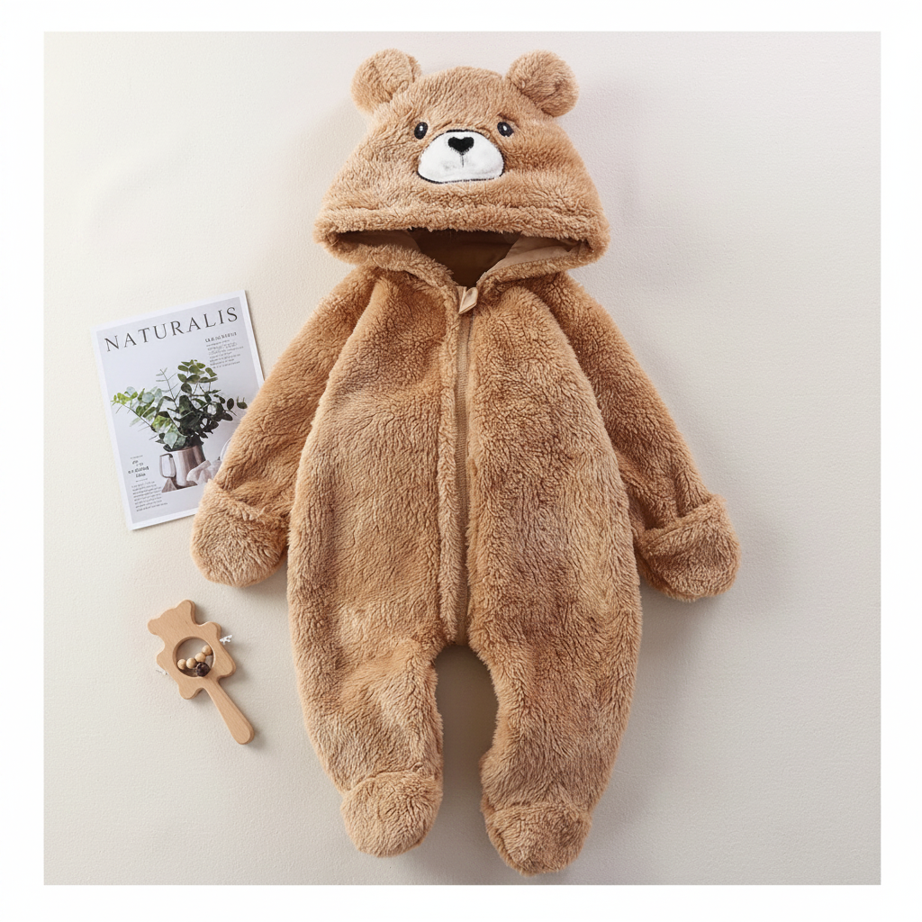 CozyBear – Myk og varm – Babybody med dyrehode på hetten