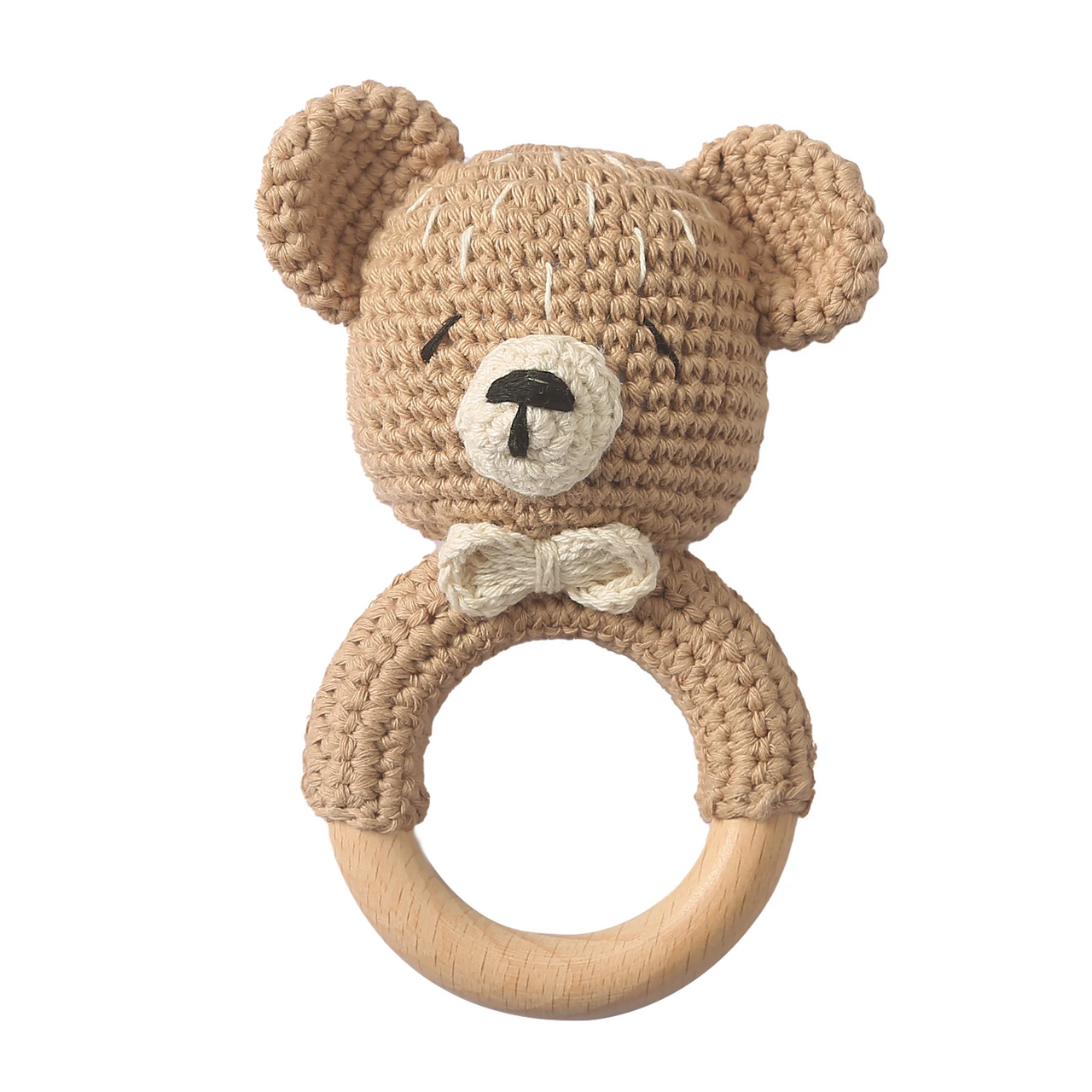CuddleRattle – Myk og leken – Heklet babyrangle med trering