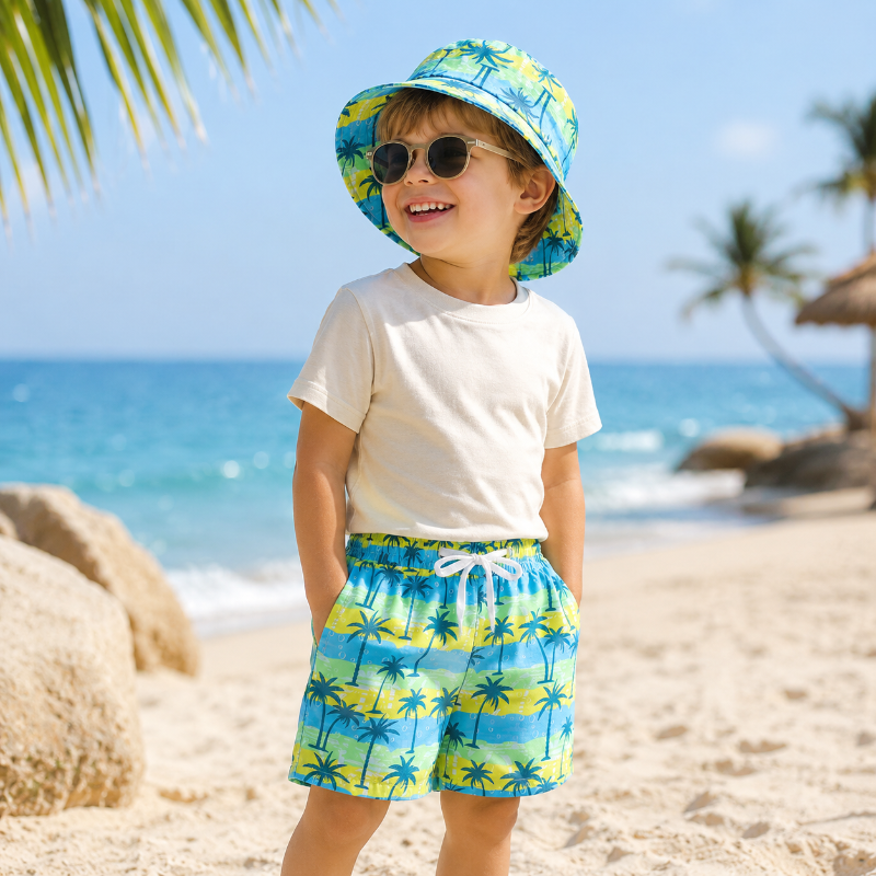 Beach Set – Fargerikt og stilig – Badebukser med mønster og hatt