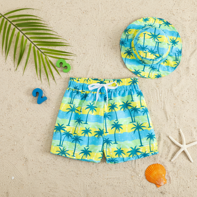 Beach Set – Fargerikt og stilig – Badebukser med mønster og hatt