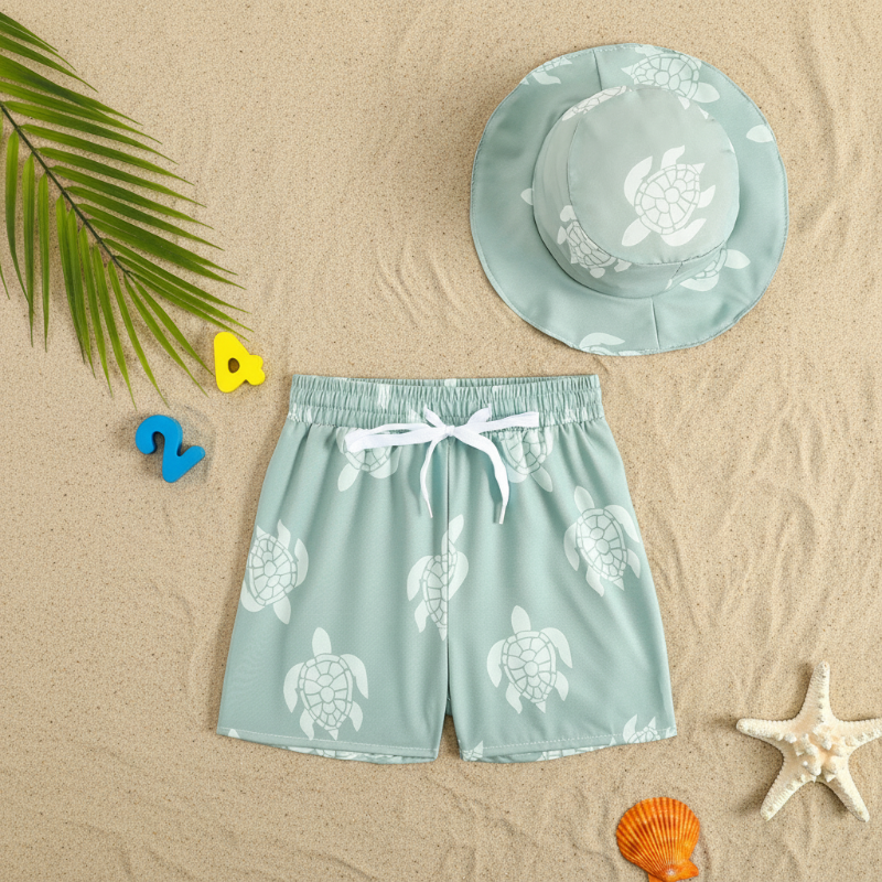 Beach Set – Fargerikt og stilig – Badebukser med mønster og hatt
