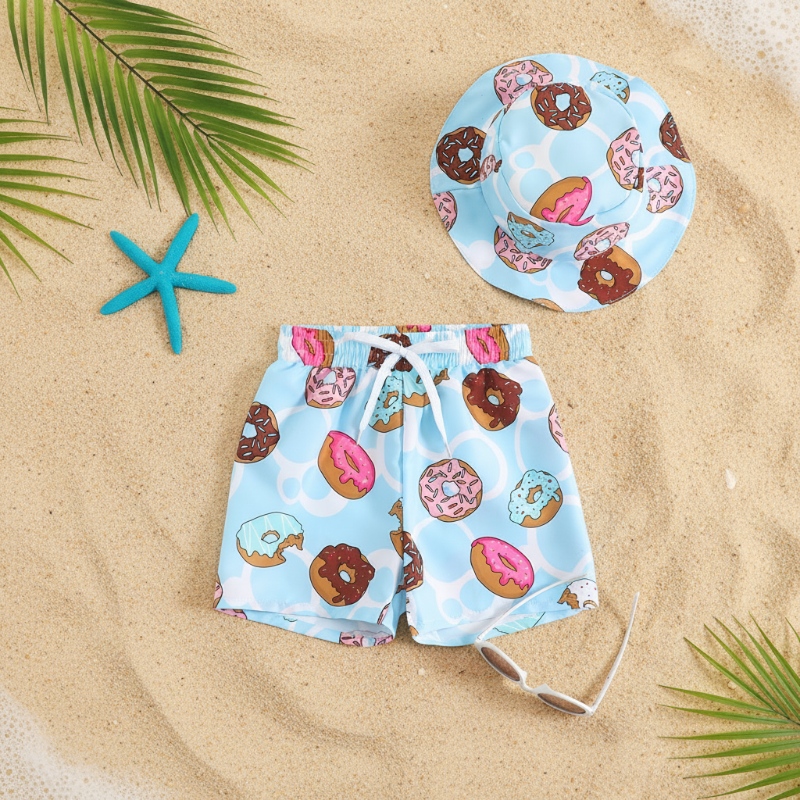 Beach Set – Fargerikt og stilig – Badebukser med mønster og hatt