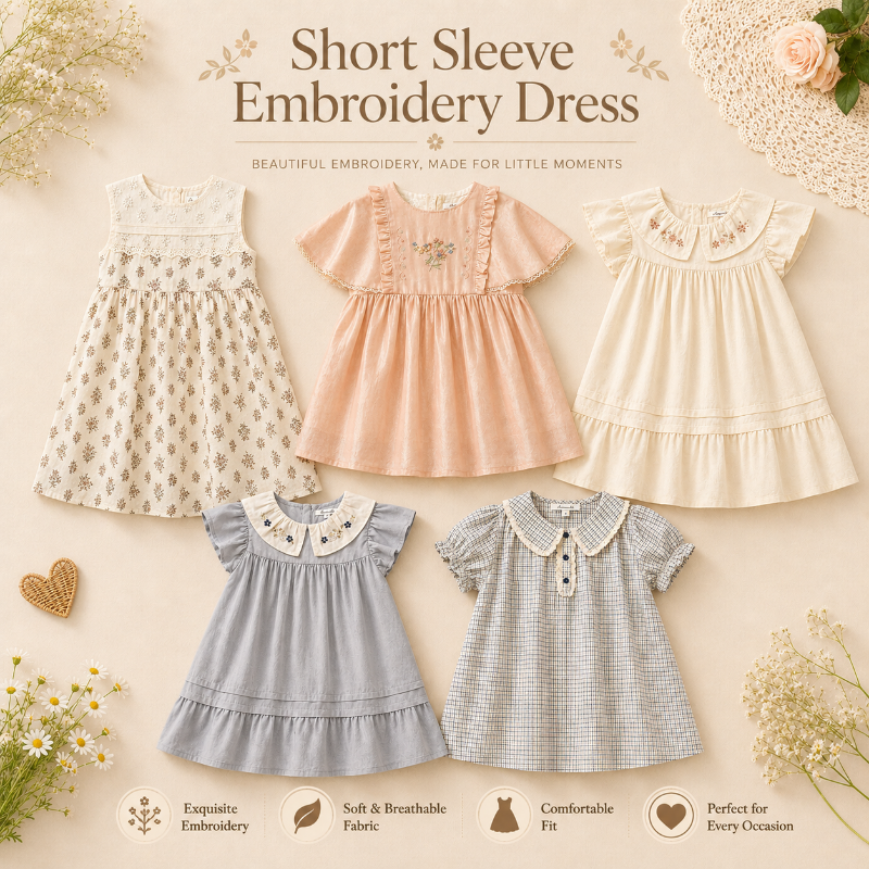 Short Sleeve Embroidery Dress – Elegant og komfortabel – boutique-jente kjole