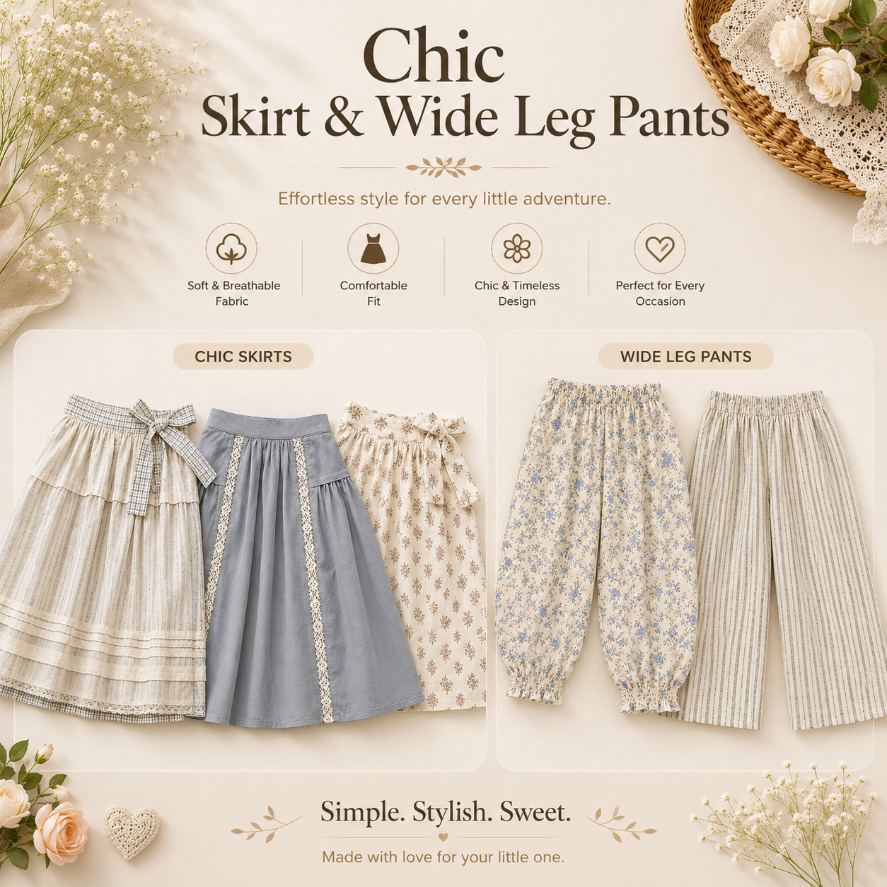 Chic Skirt & Wide Leg Pants – Elegant & Komfort – Løst sittende barneklær