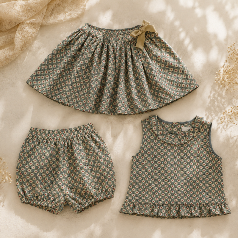 Matching Set – Komfortabel & med tusenfryd-mønster – bloomers, skjørt og bluse