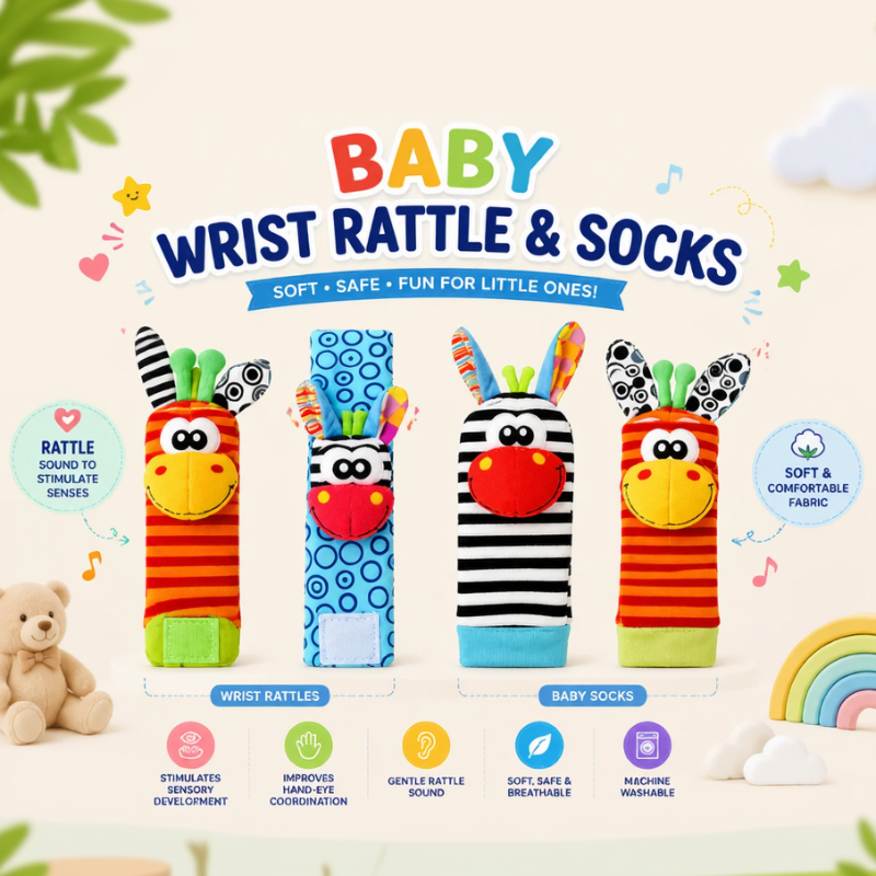Wrist Rattle and Socks – Motorikk & lek – Rangle for babyer (sett med 4)