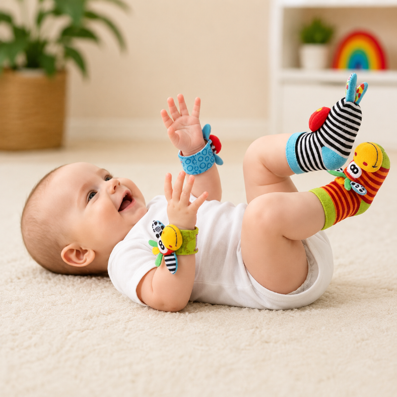 Wrist Rattle and Socks – Motorikk & lek – Rangle for babyer (sett med 4)