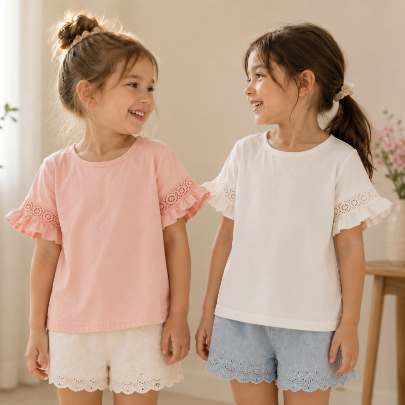 Girls Trumpet Sleeve Top – Elegant og komfortabel – Blonder på ermene