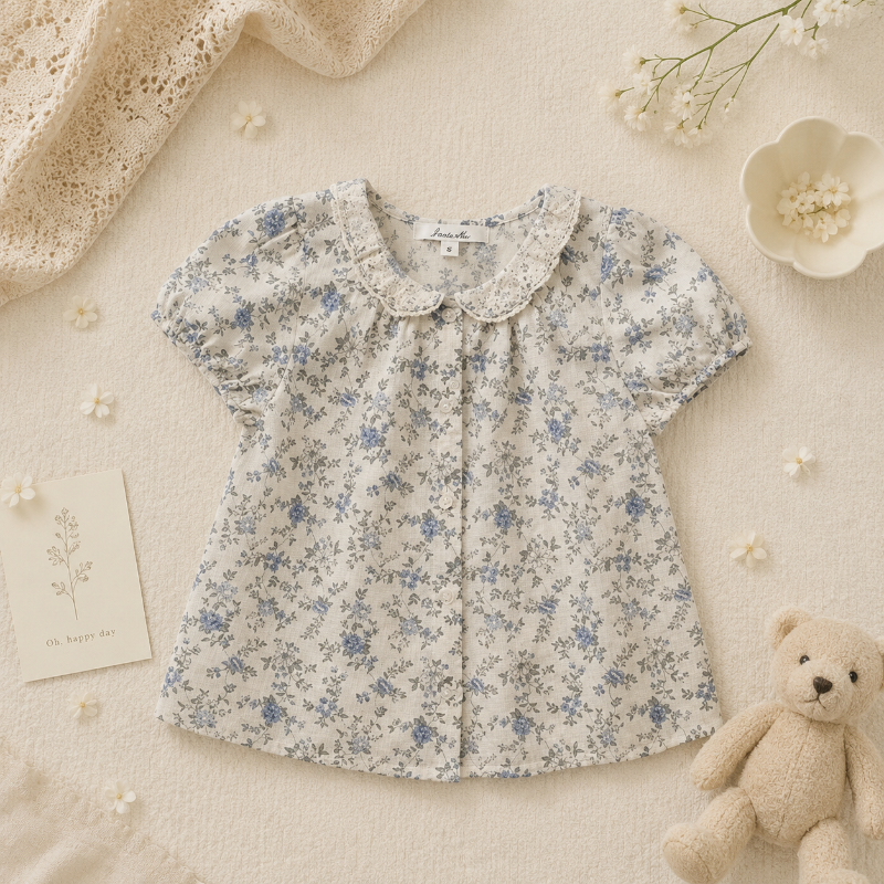 Vine Print Blouse – Lett og søt – barnebluse med puffermmer