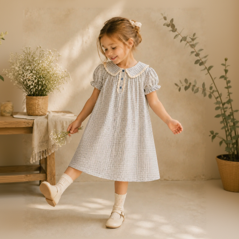 Check Dress – Myk og pustende – Klassisk krage med puffermmer