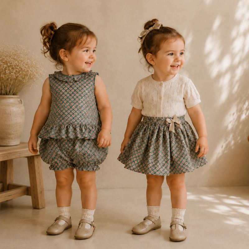 Matching Set – Komfortabel & med tusenfryd-mønster – bloomers, skjørt og bluse