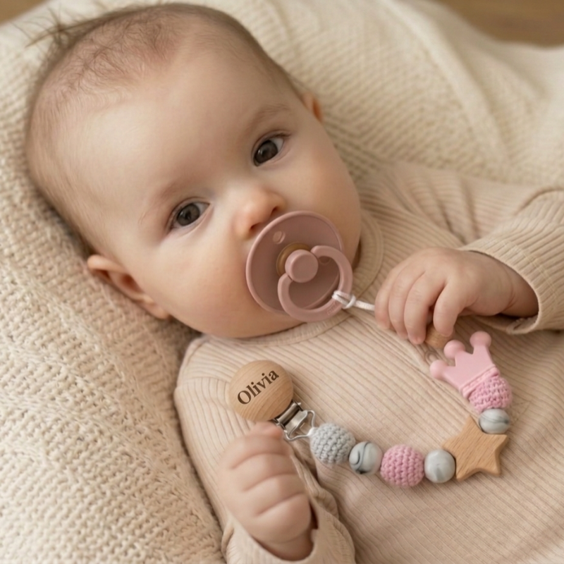 Baby Pacifier Holder – Med navn – Personlige perler av tre og silikon