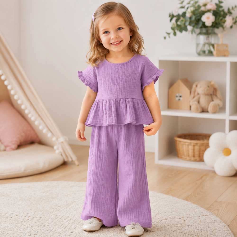 SoftCharm – Elegant og komfortabelt – Jentesett med topp med volanger og lange bukser