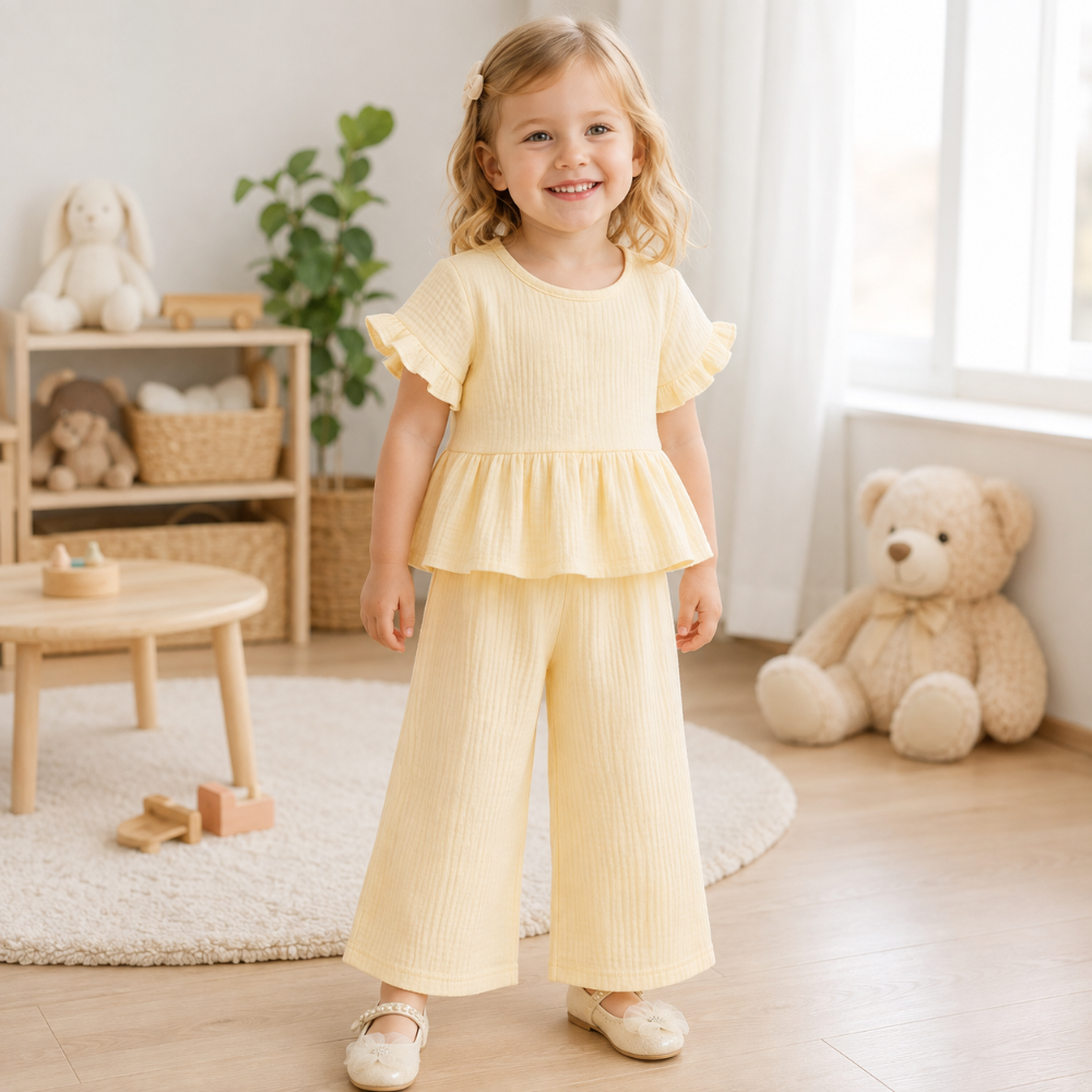 SoftCharm – Elegant og komfortabelt – Jentesett med topp med volanger og lange bukser