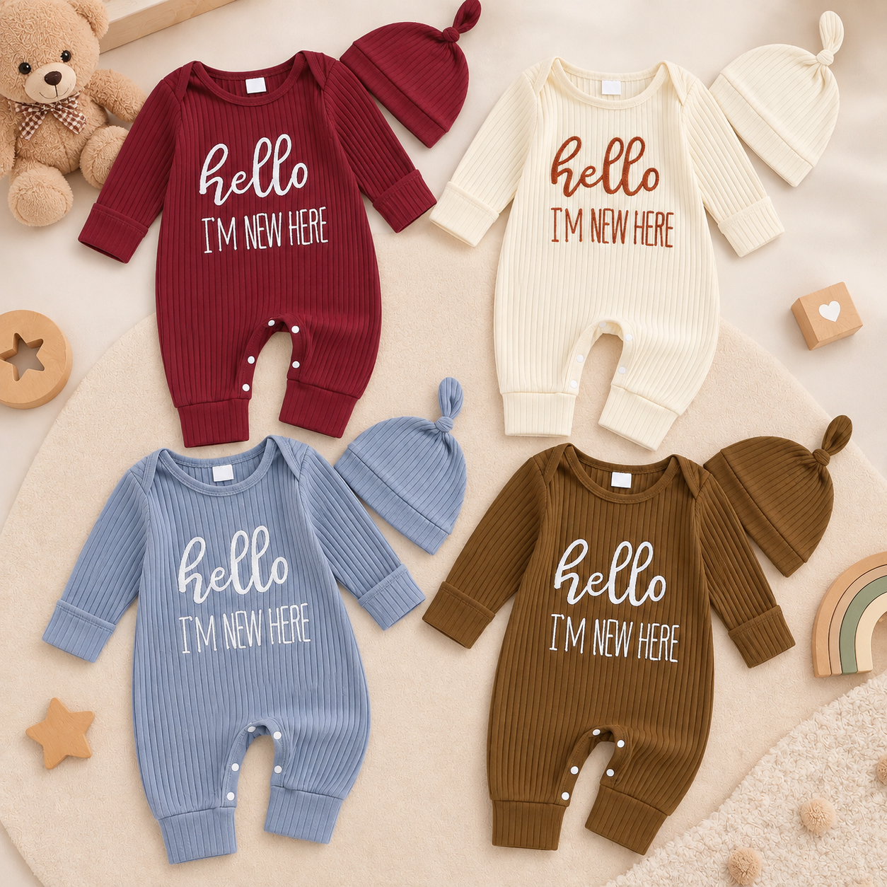 CuddleBaby – Hei, jeg er ny her – Sett med babyjumpsuit og lue