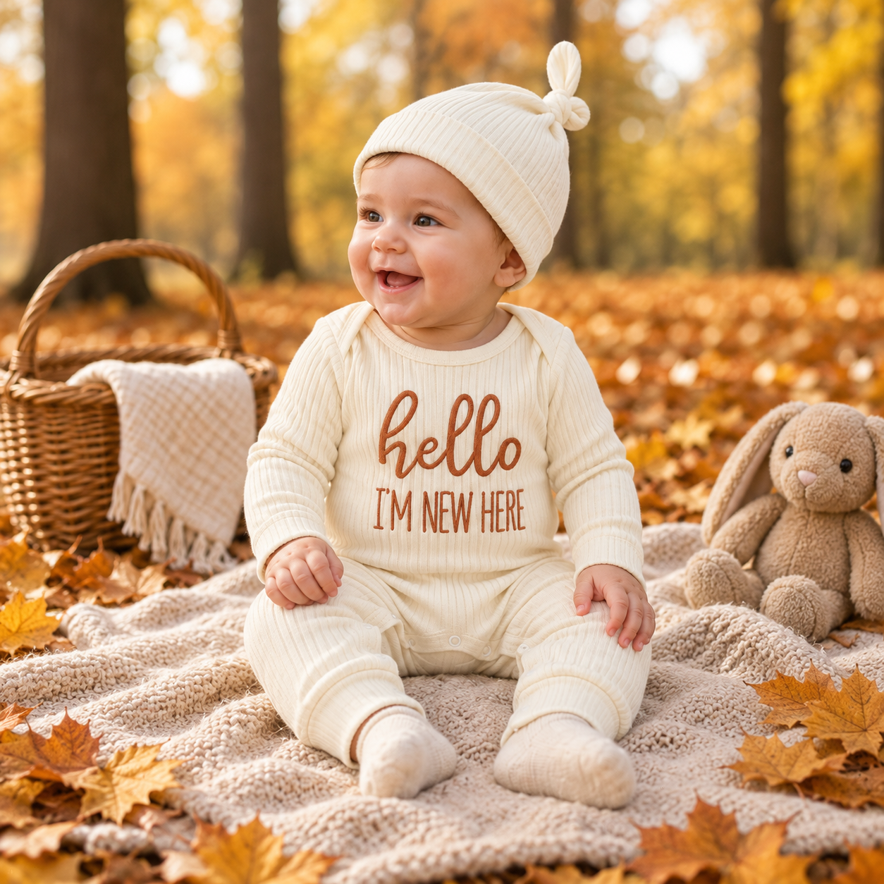 CuddleBaby – Hei, jeg er ny her – Sett med babyjumpsuit og lue
