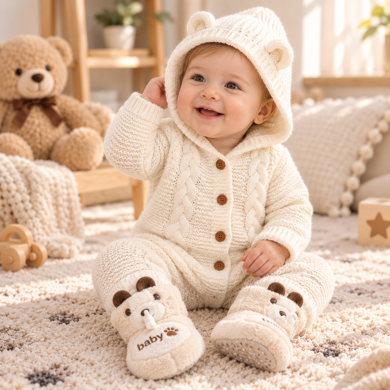 SoftKnit – Varm og søt – Strikket babyjumpsuit med hette