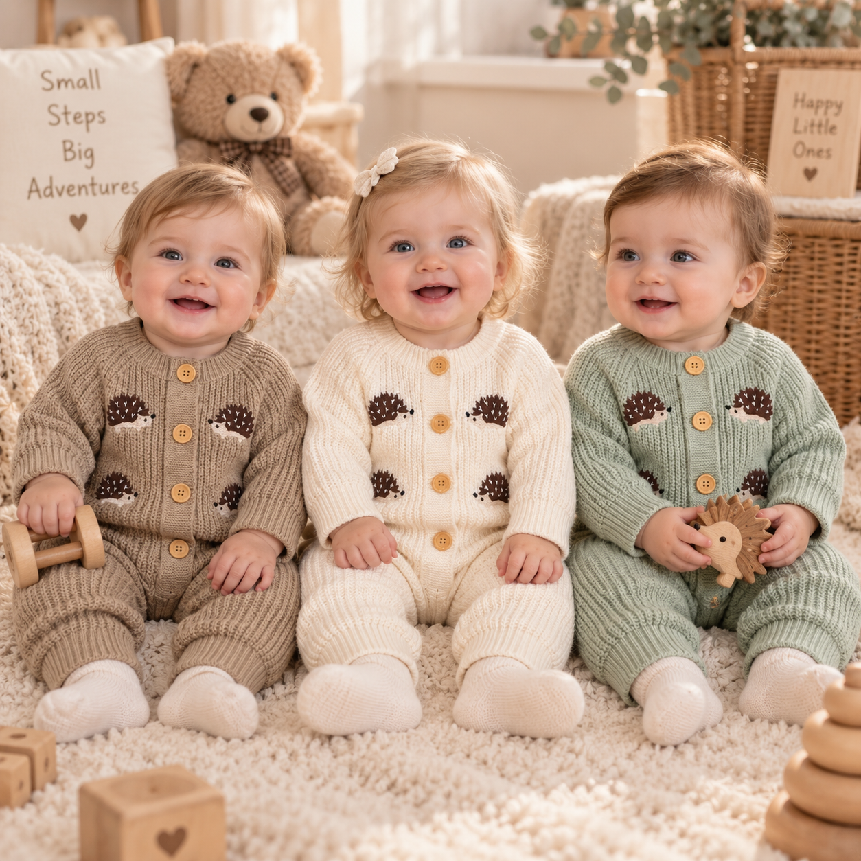 CozyHedge – Myk og varm – Strikket babyjumpsuit med pinnsvinmønster