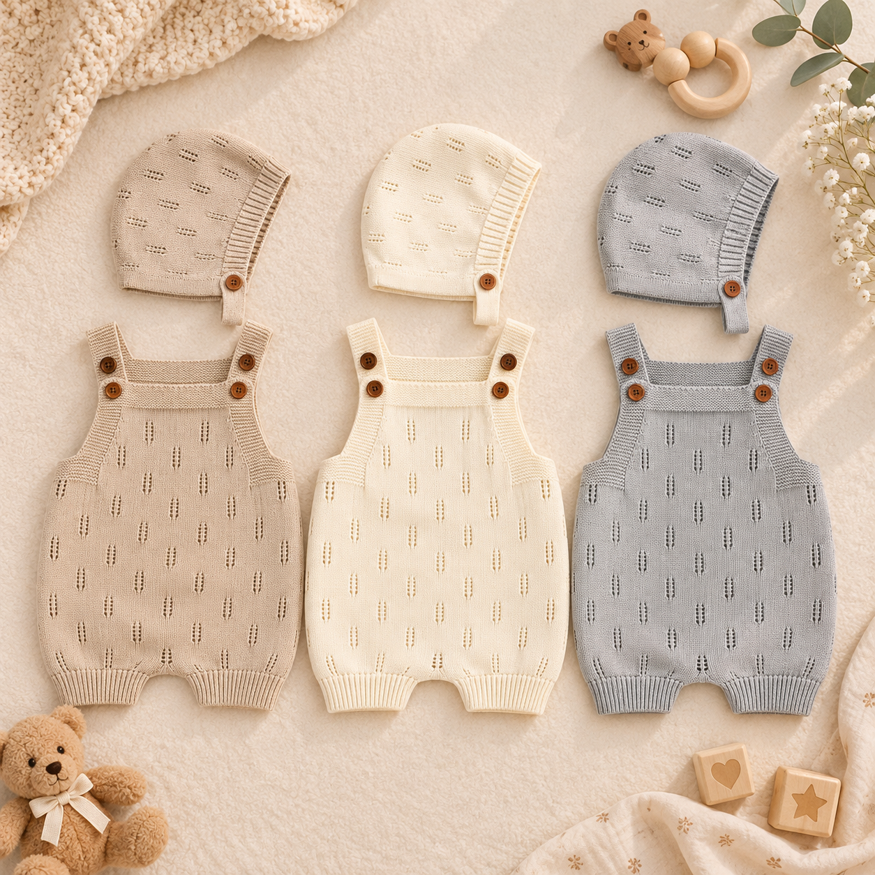 MiniCozy – Myk og behagelig – Strikkede babybukser med lue