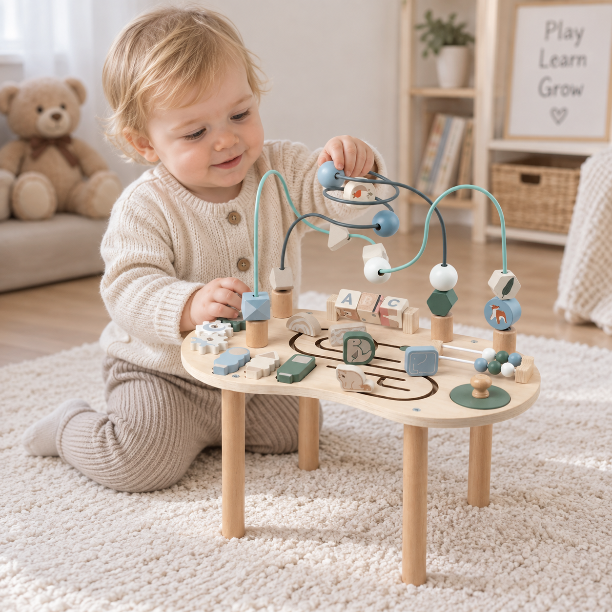 WoodMaze – Lek og læring – Aktivitetsbord i tre med perle-labyrint