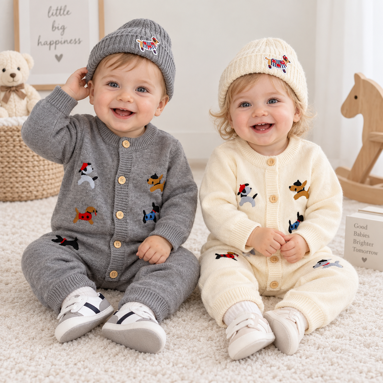 PlayfulKnit – Myk og søt – Strikket babyjumpsuit med hundemotiv