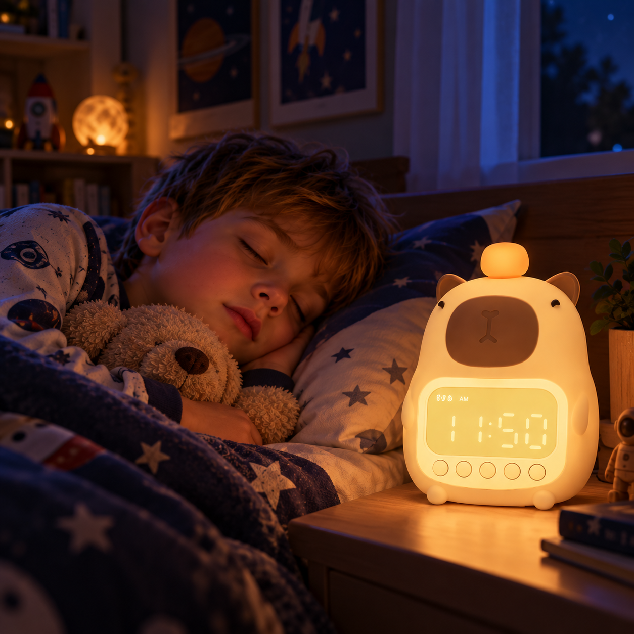 CappyClock – Søt og multifunksjonell – digital vekkerklokke for barn med nattlampe