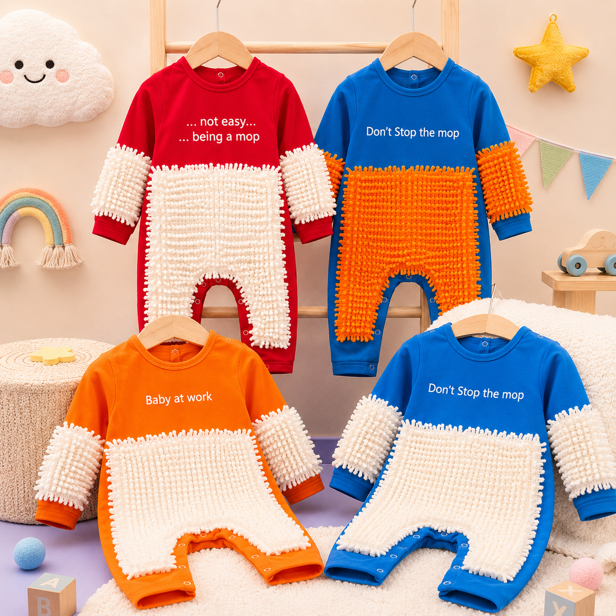 TinyCleaner – Myk og praktisk – babyjumpsuit til å krype og leke i