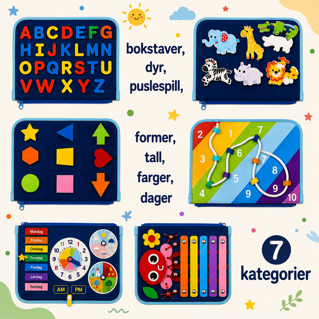 7-in-1 Busy Board – Motorikk og læring – Aktivitetstavle