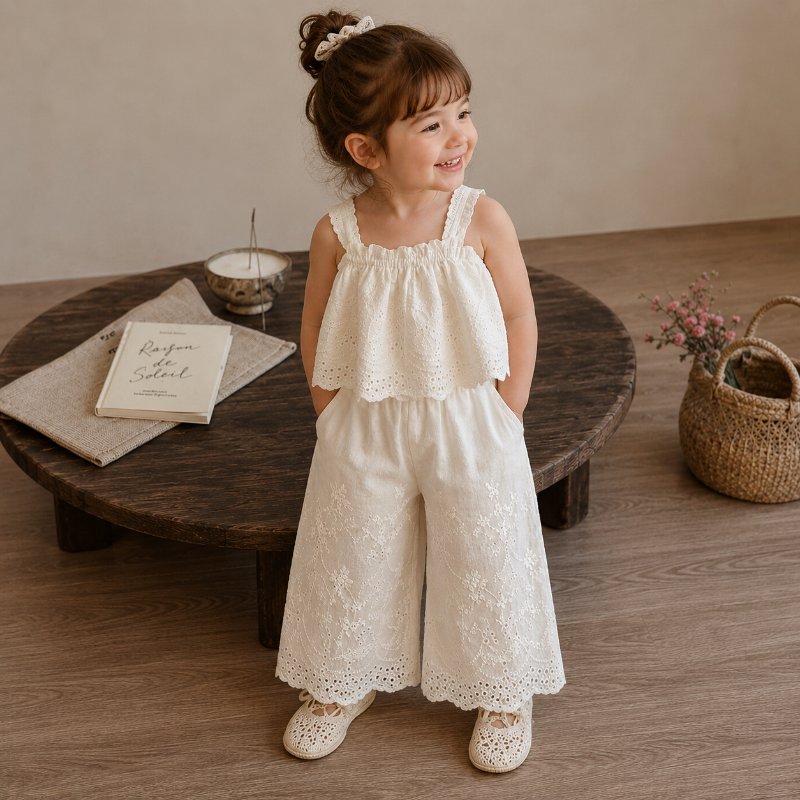 TinyLuxe – Sommersett med bluse i blonder og bukser med vide ben