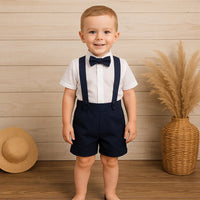 Thumbnail for LittleDandy – Klassisk og elegant – Bomullsshorts med seler, sløyfe og skjorte
