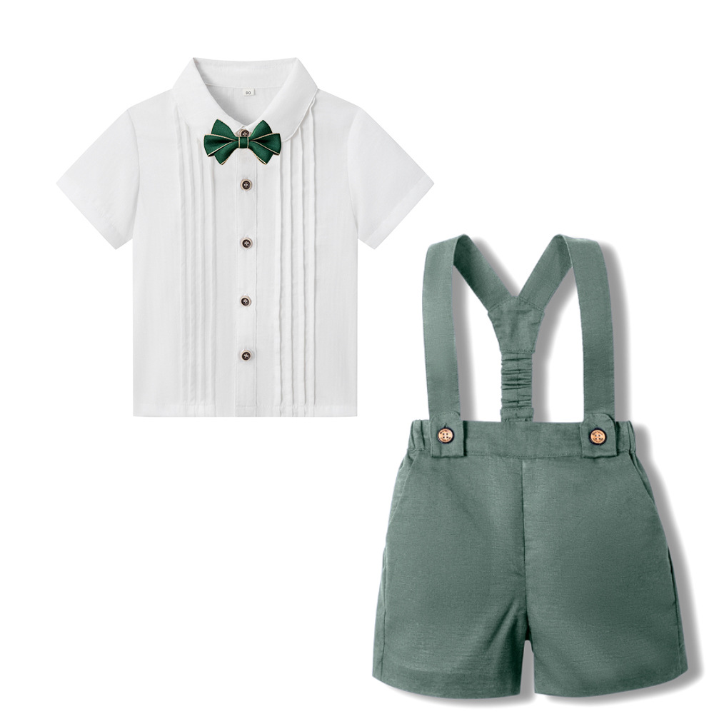LittleDandy – Klassisk og elegant – Bomullsshorts med seler, sløyfe og skjorte