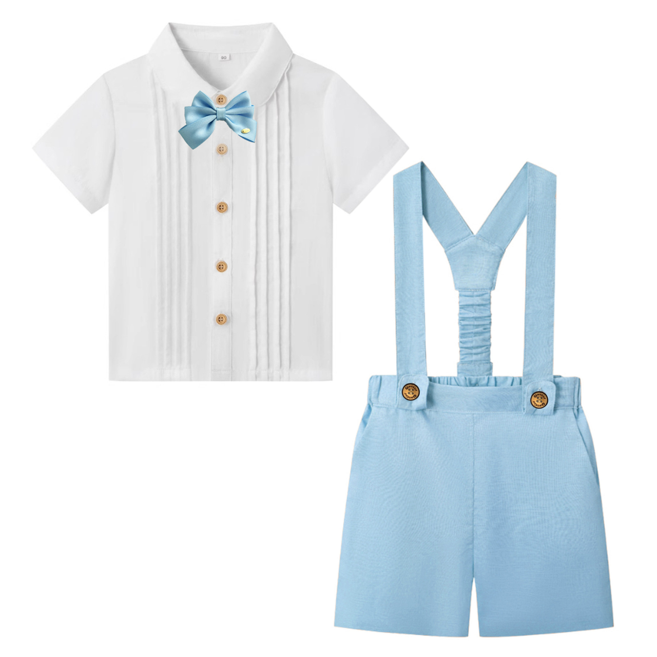LittleDandy – Klassisk og elegant – Bomullsshorts med seler, sløyfe og skjorte