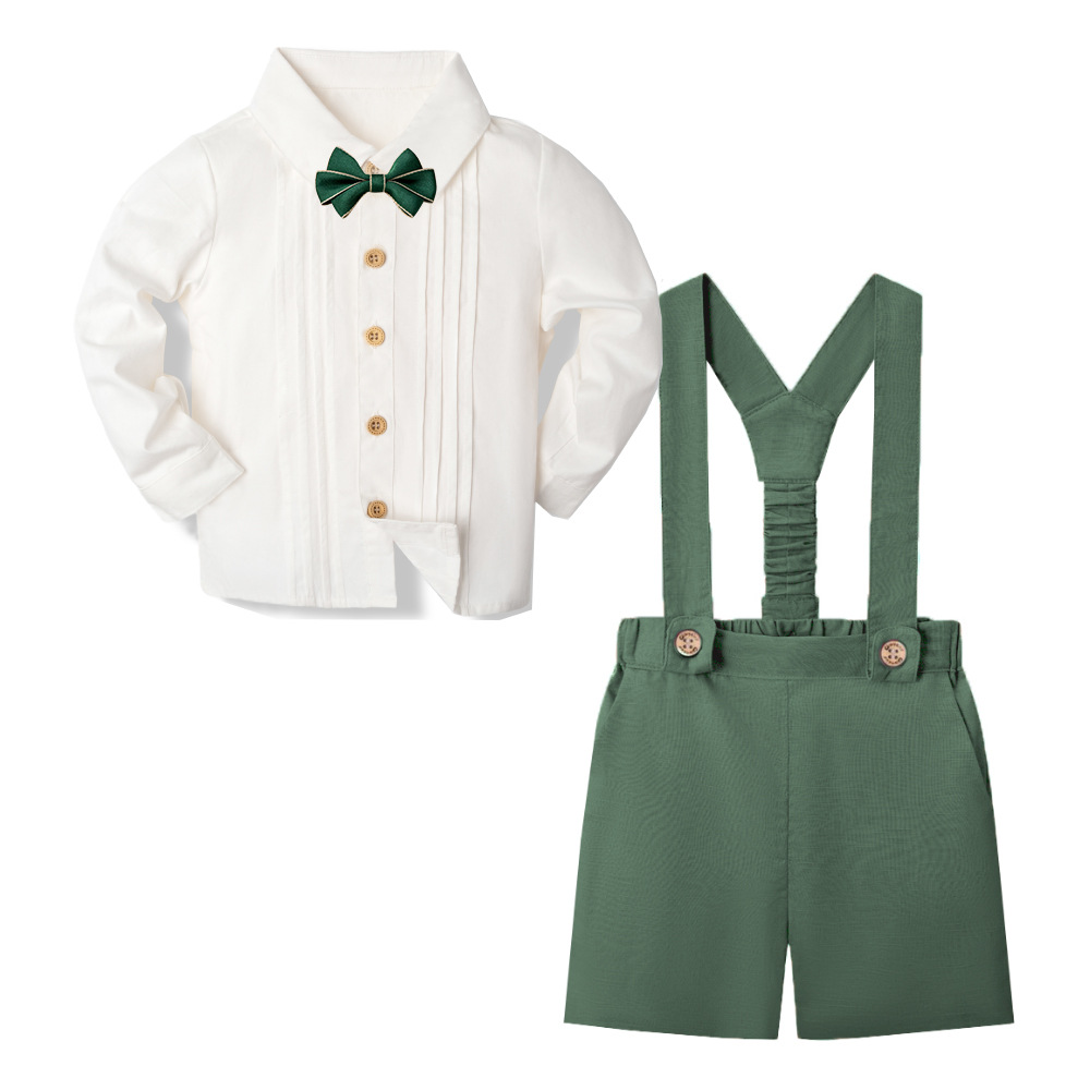 LittleDandy – Klassisk og elegant – Bomullsshorts med seler, sløyfe og skjorte